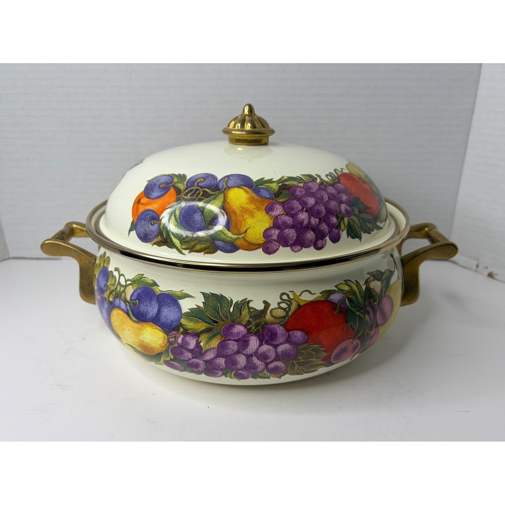 Cornucopia Enamelware Fruit Pattern Dutch Oven Casserole Pot Brass Handles Cream